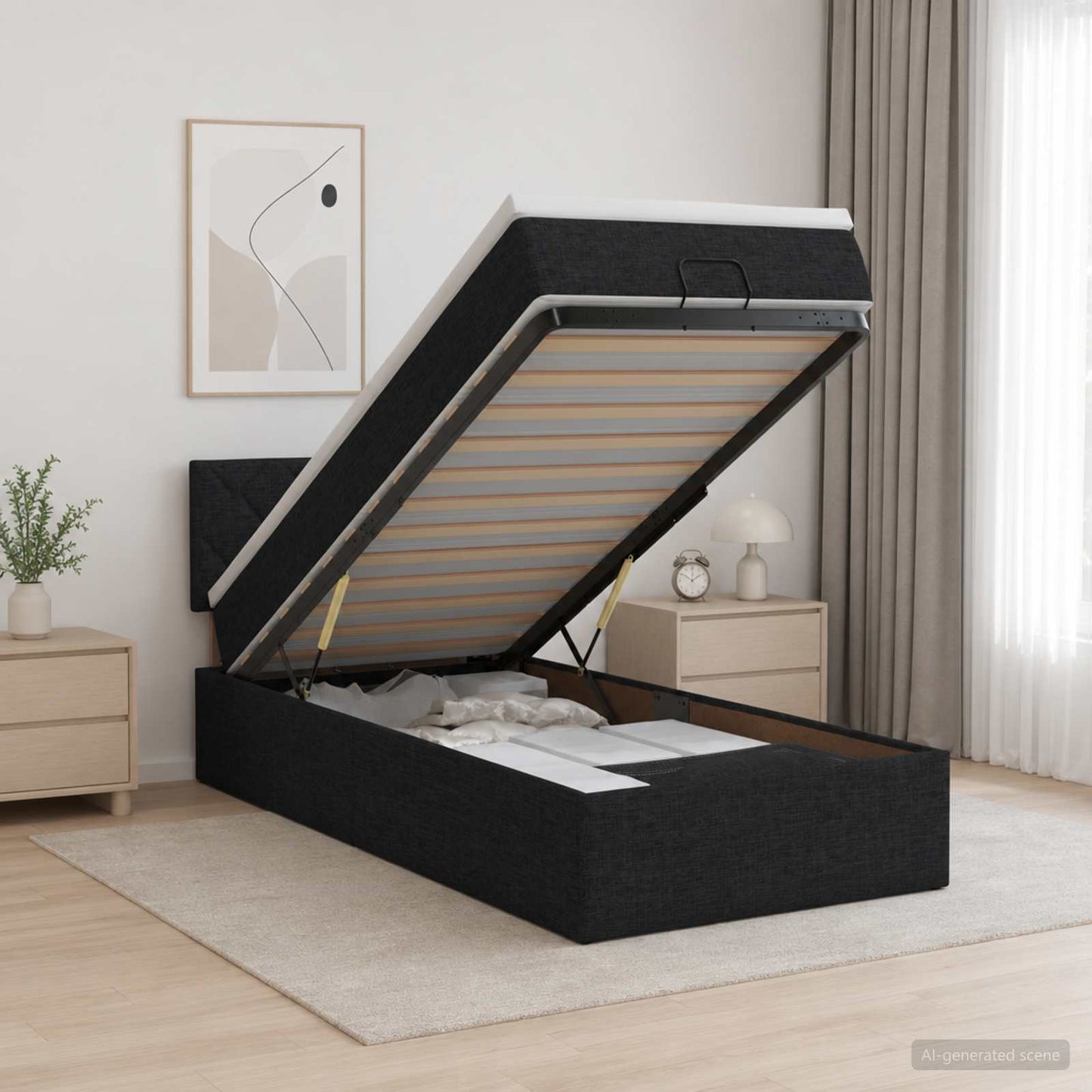 Letto Ottomano con Materasso e LED Nero 90 x 200 cm Tessuto