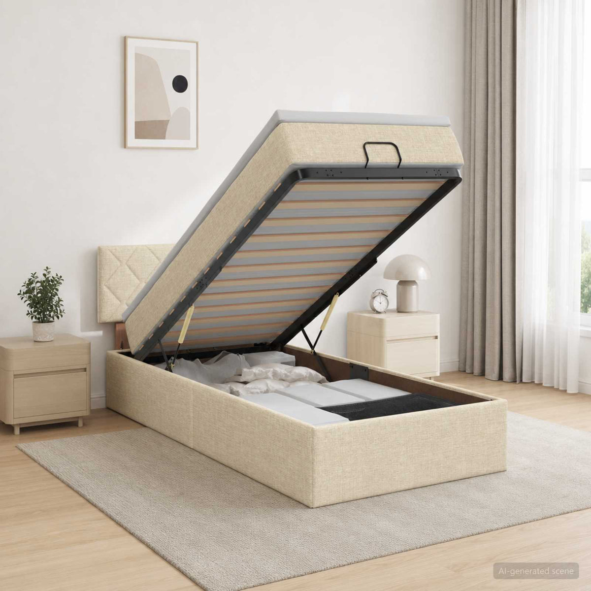 Letto Ottomano con Materasso e LED Crema 100 x 200 cm Tessuto | homemem39