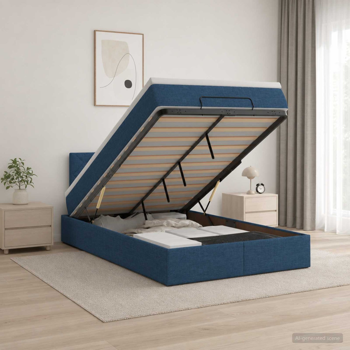 Letto Ottomano con Materasso e LED Blu 120 x 200 cm Tessuto