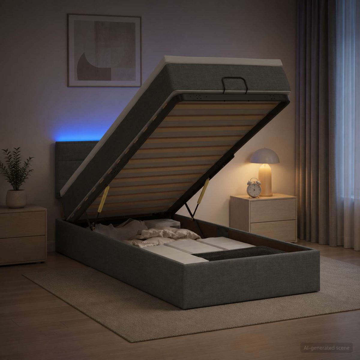 Letto Ottomano con Materasso e LED Grigio Scuro 100 x 200 cm | homemem39