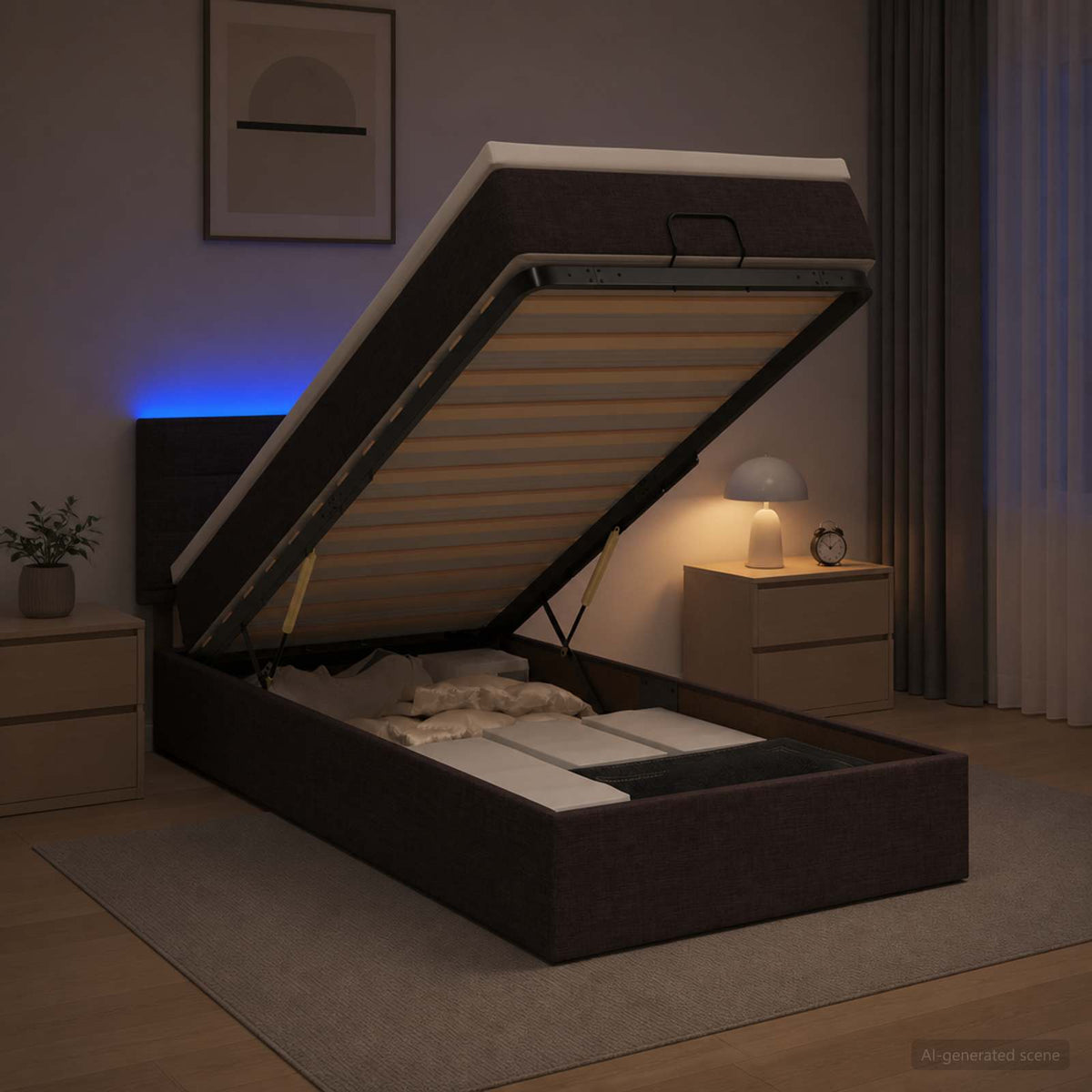 Letto Ottomano con Materasso e LED Marrone Scuro 100 x 200 cm | homemem39