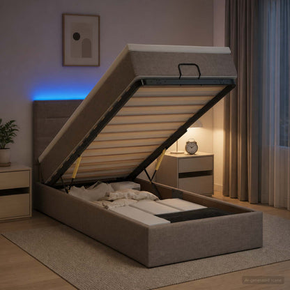 Letto Ottomano con Materasso e LED Tortora 90 x 200 cm Tessuto | homemem39