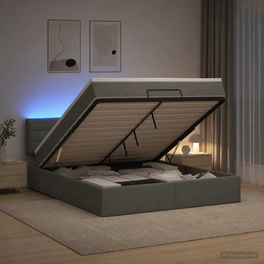 Letto Ottomano con Materasso e LED Grigio Scuro 140 x 190 cm - homemem39