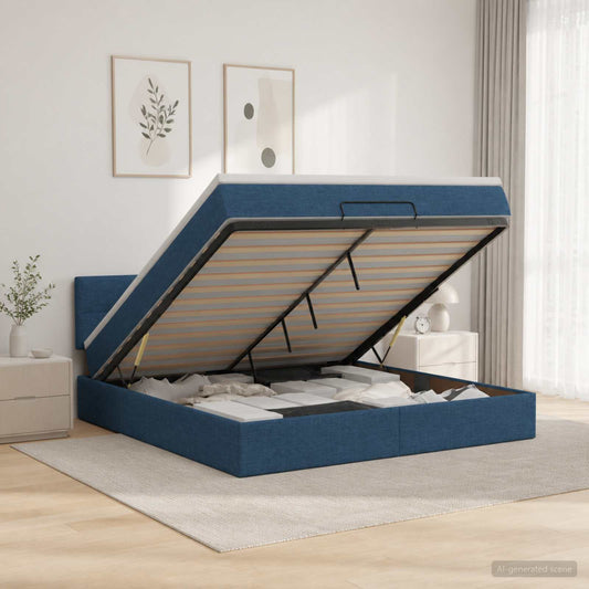 Letto Ottomano con Materasso e LED Blu 160 x 200 cm Tessuto - homemem39