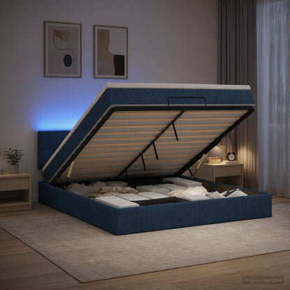 Letto Ottomano con Materasso e LED Blu 160 x 200 cm Tessuto