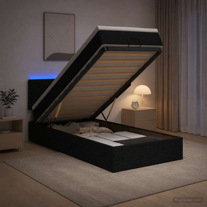 Letto Ottomano con Materasso e LED Nero 100 x 200 cm Tessuto