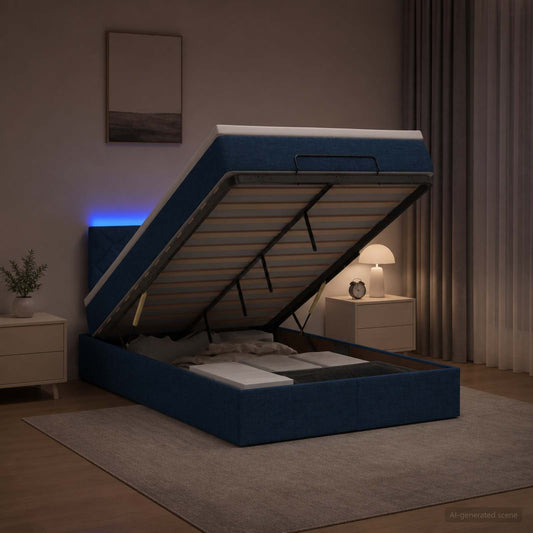 Letto Ottomano con Materasso e LED Blu 120 x 200 cm Tessuto - homemem39