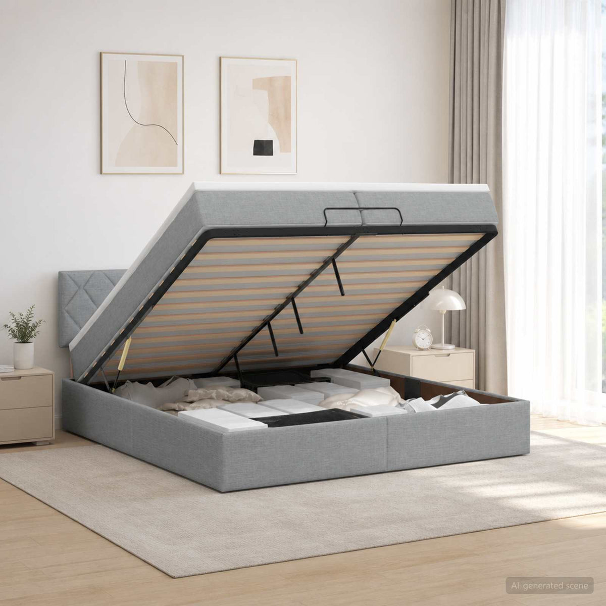 Letto Ottomano con Materasso e LED Grigio Chiaro 200 x 200 cm