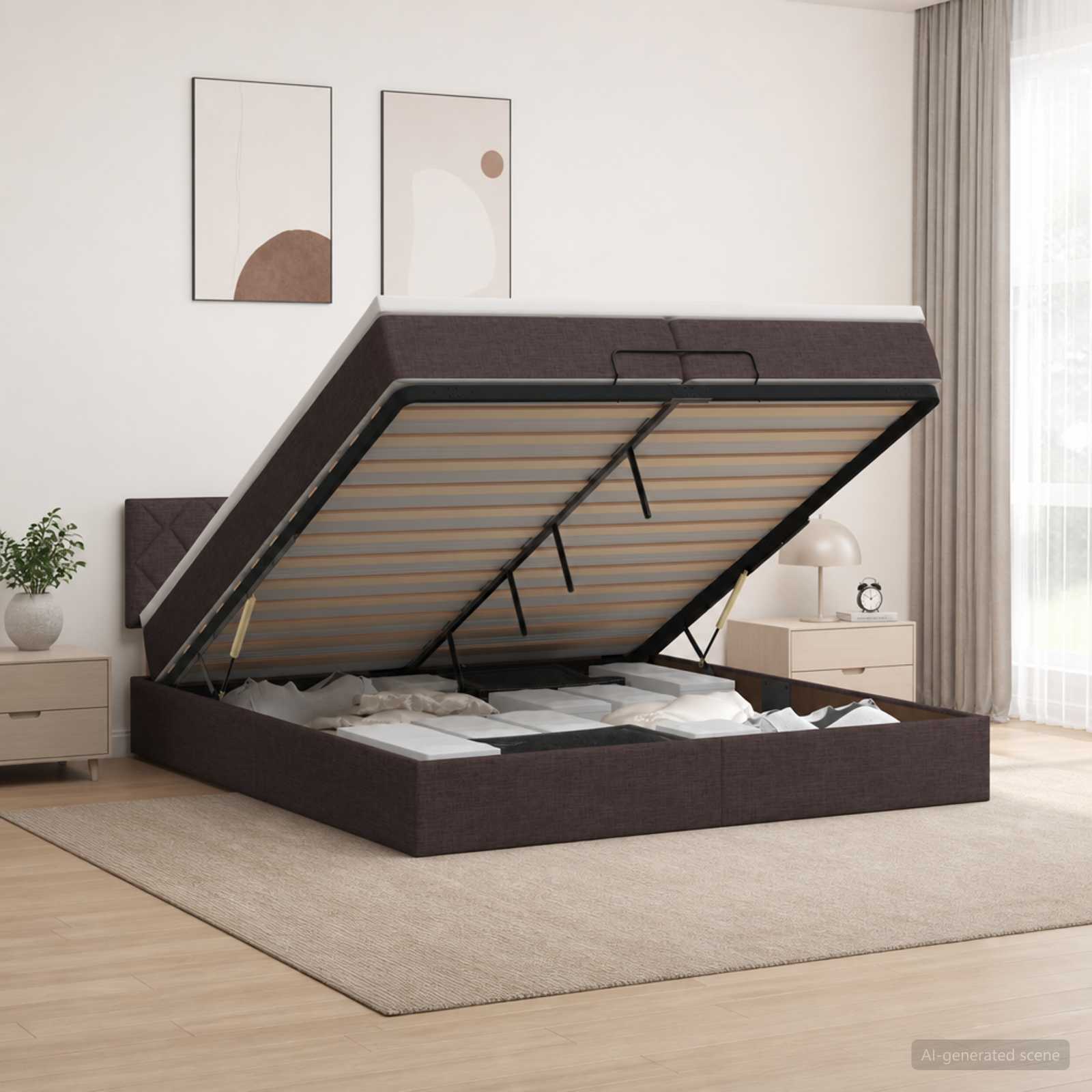 Letto ottomano con materasso Marrone Scuro 200 x 200 cm Tessuto | homemem39
