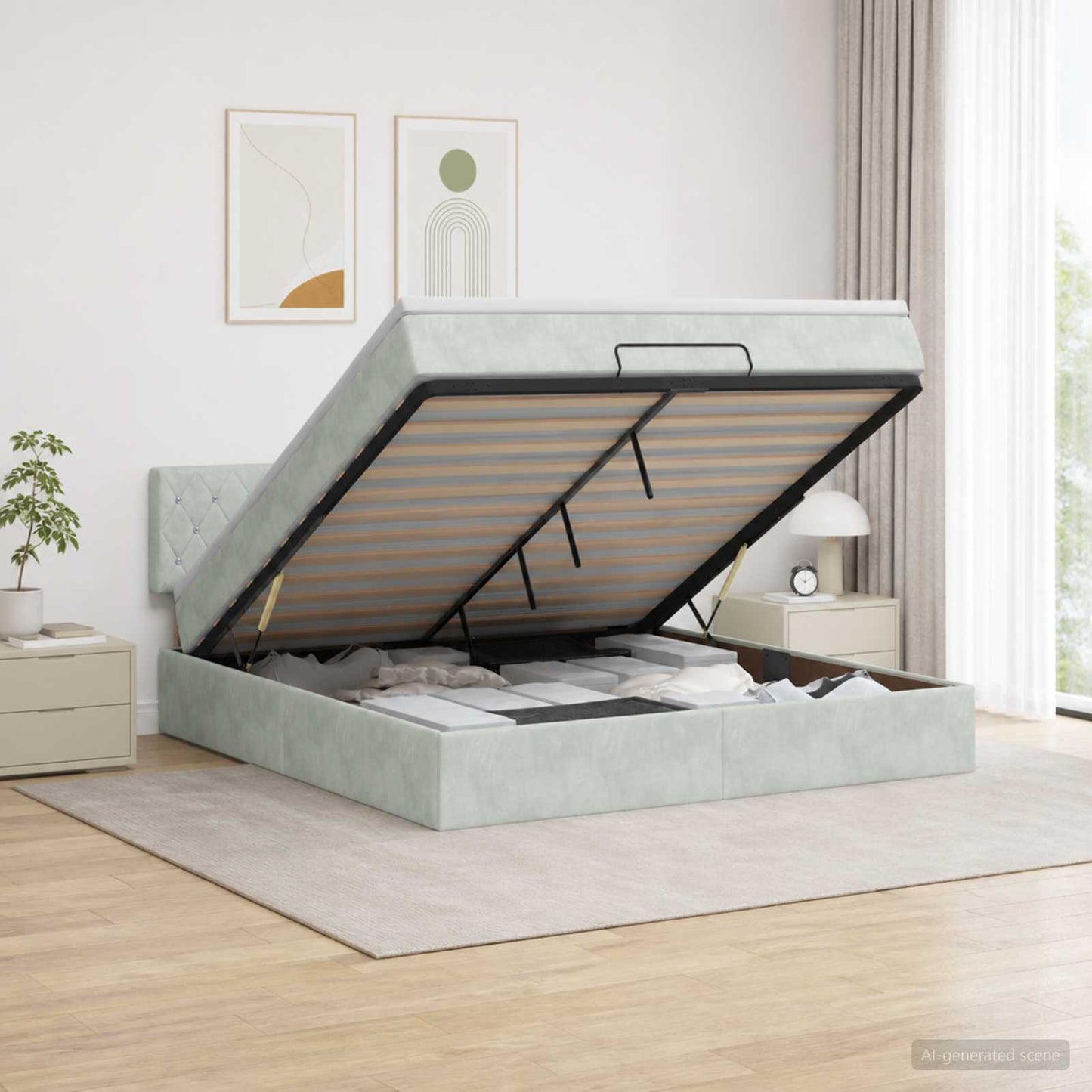 Letto ottomano con materasso Grigio Chiaro 140 x 190 cm Velluto