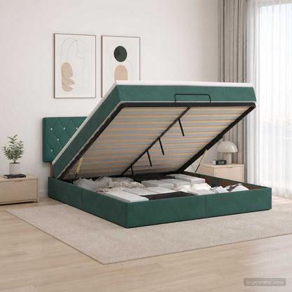 Letto Ottomano con Materasso e LED Verde Scuro 140 x 200 cm