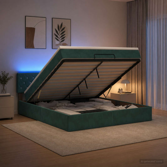 Letto Ottomano con Materasso e LED Verde Scuro 140 x 190 cm - homemem39