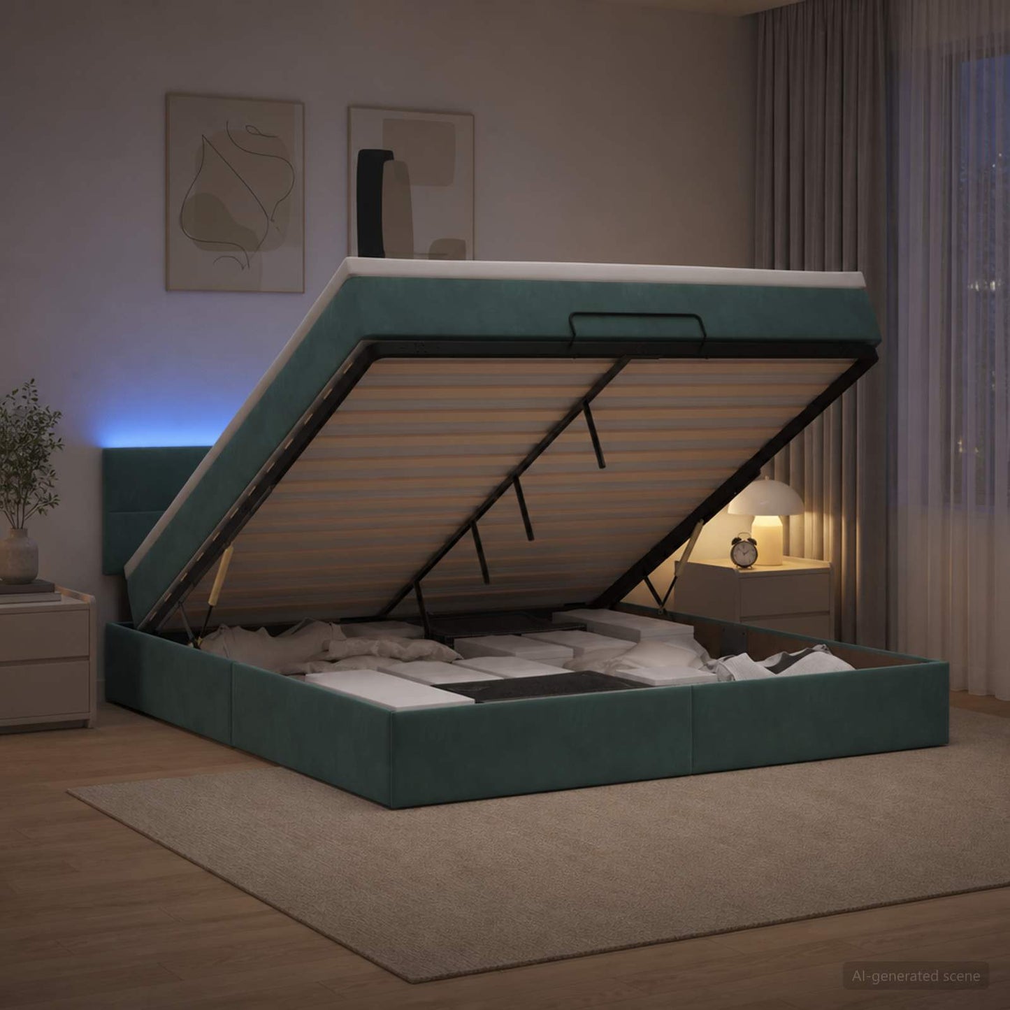 Letto Ottomano con Materasso e LED Verde Scuro 160 x 200 cm