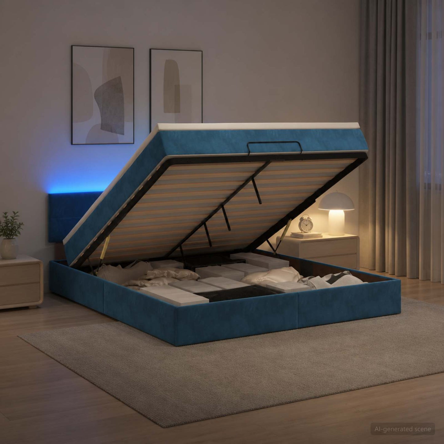 Letto Ottomano con Materasso e LED Blu scuro 140 x 200 cm