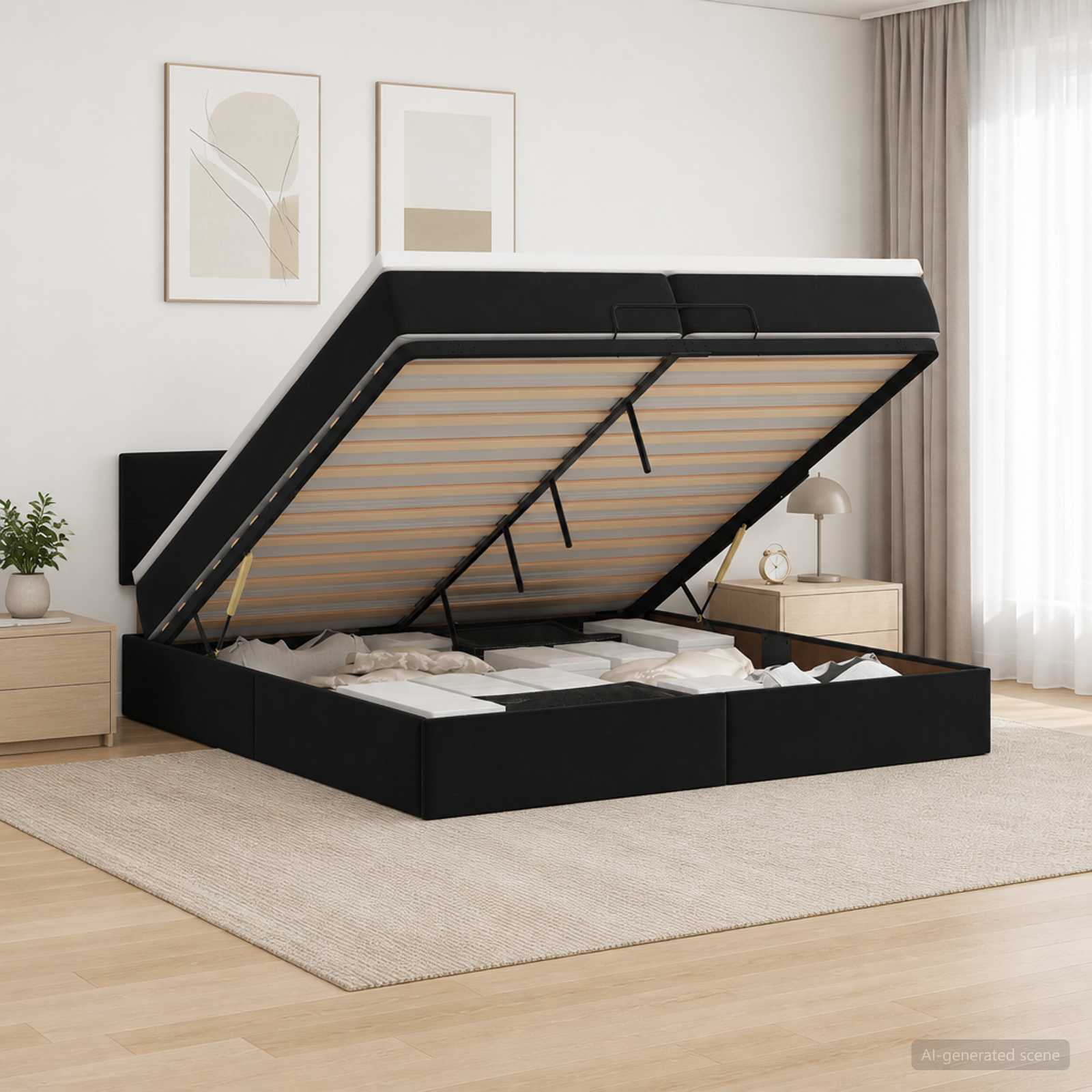 Letto ottomano con materasso Nero 200 x 200 cm Velluto | homemem39