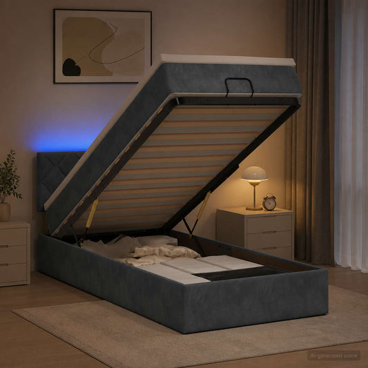 Letto Ottomano con Materasso e LED Grigio Scuro 90 x 190 cm - homemem39