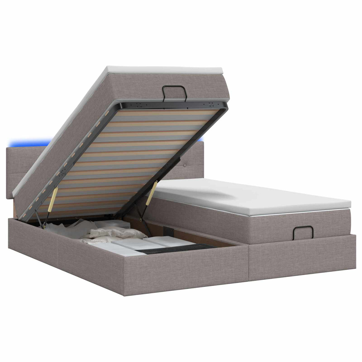 Letto Ottomano con Materasso e LED Tortora 160 x 200 cm Tessuto | homemem39