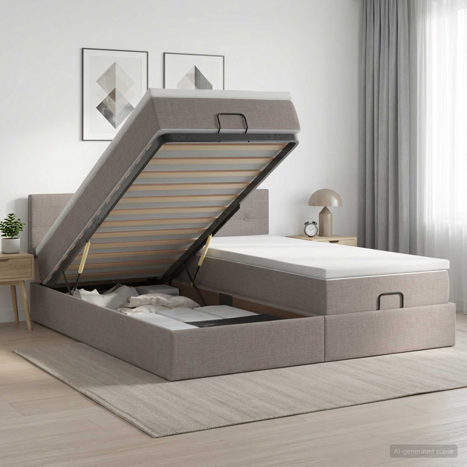Letto Ottomano con Materasso e LED Tortora 200 x 200 cm Tessuto | homemem39