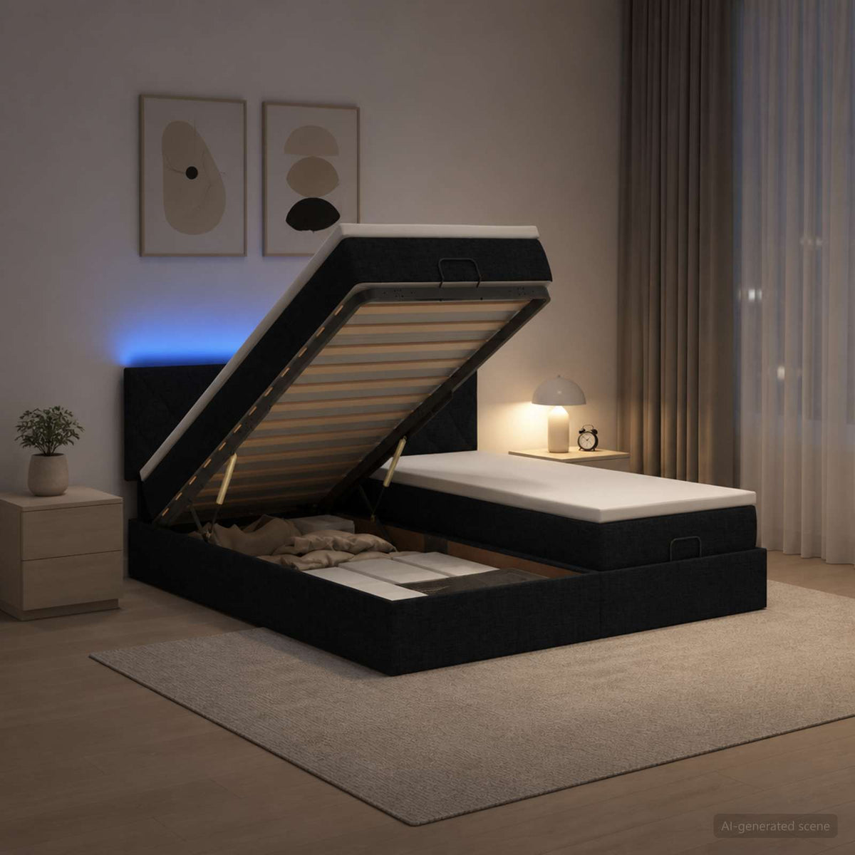 Letto Ottomano con Materasso e LED Nero 180 x 200 cm Tessuto | homemem39
