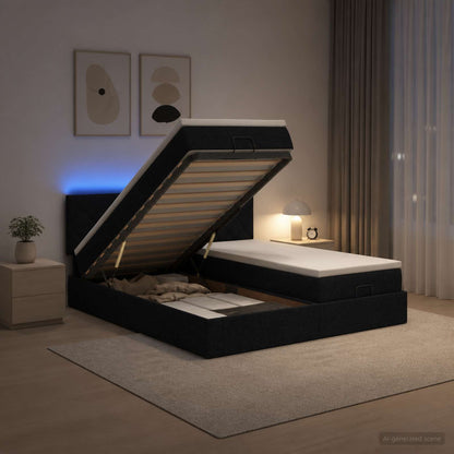 Letto Ottomano con Materasso e LED Nero 180 x 200 cm Tessuto | homemem39