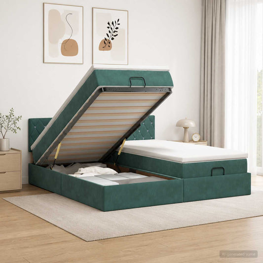 Letto Ottomano con Materasso e LED Verde Scuro 200 x 200 cm - homemem39