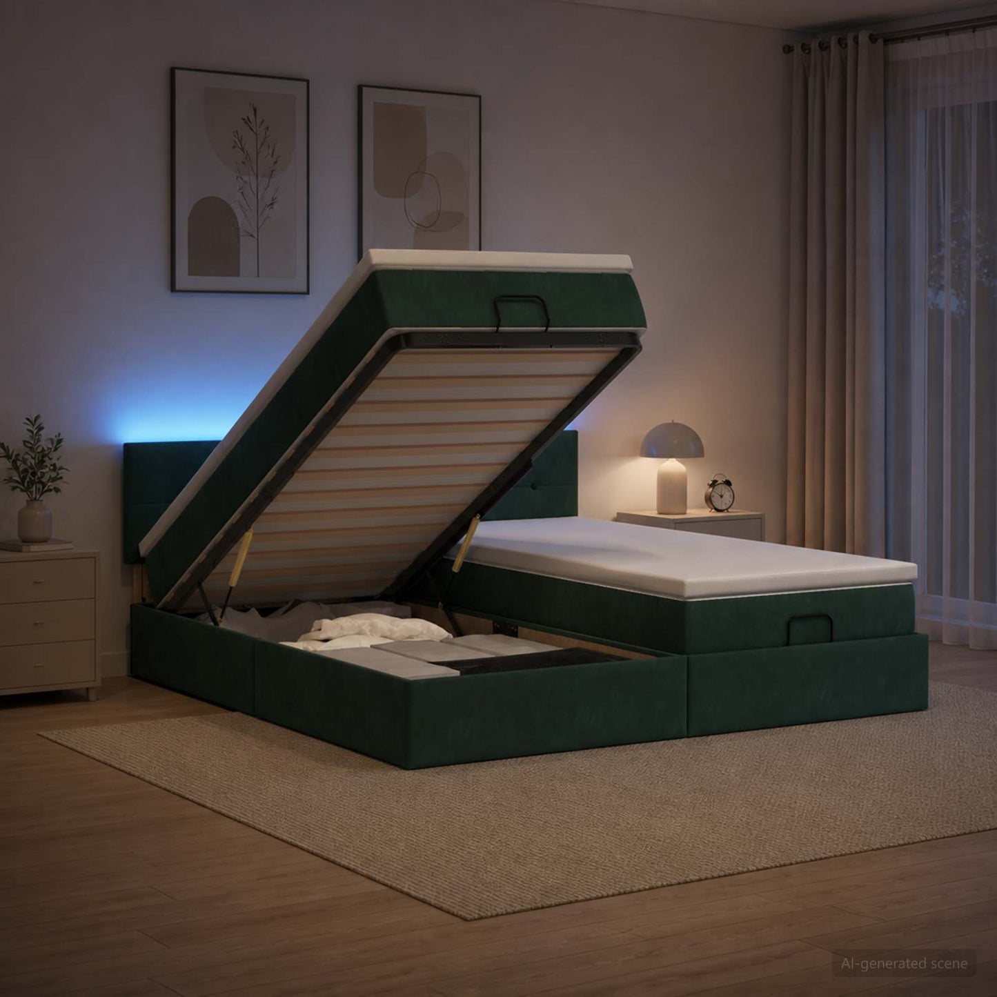 Letto Ottomano con Materasso e LED Verde Scuro 200 x 200 cm