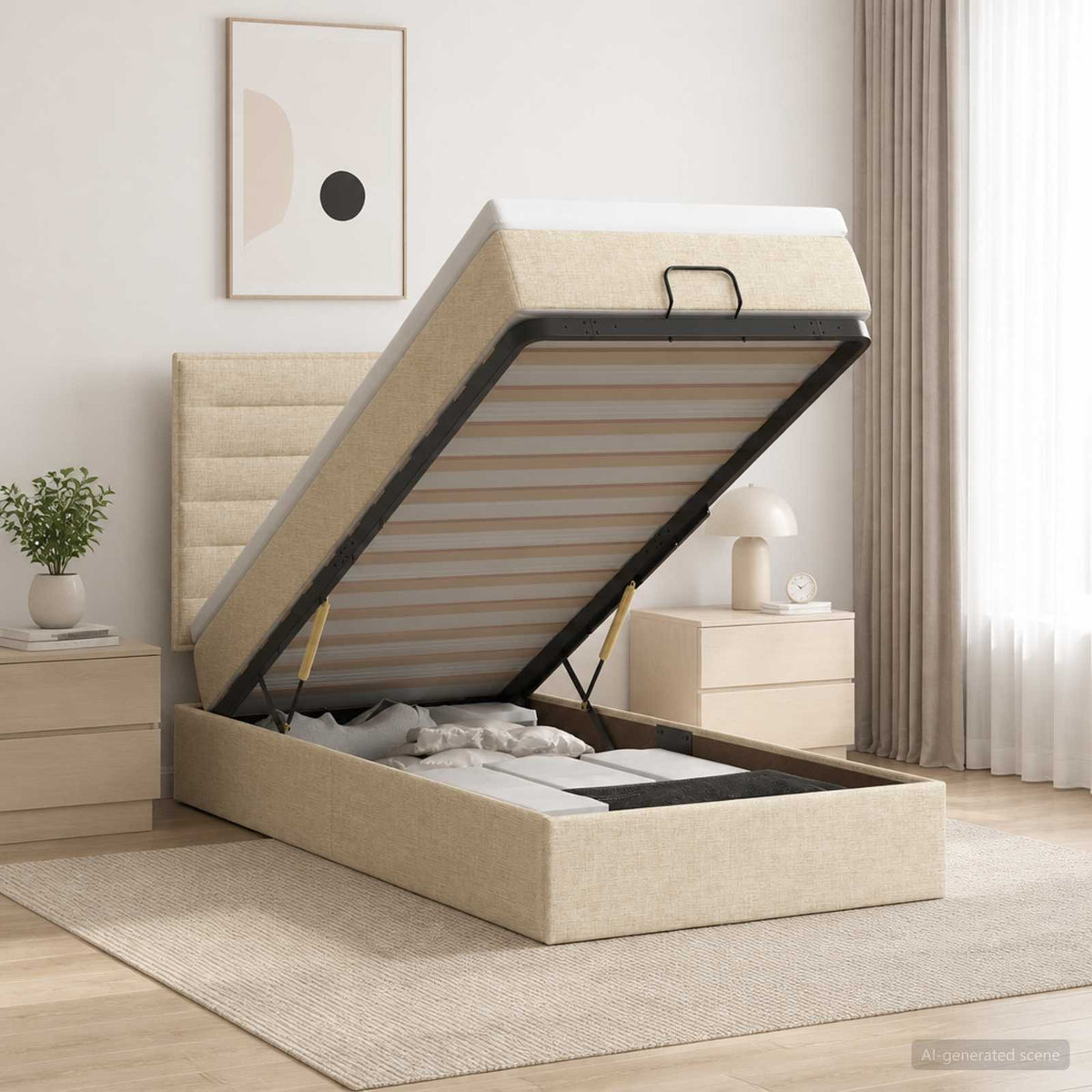 Letto Ottomano con Materasso e LED Crema 90 x 190 cm Tessuto