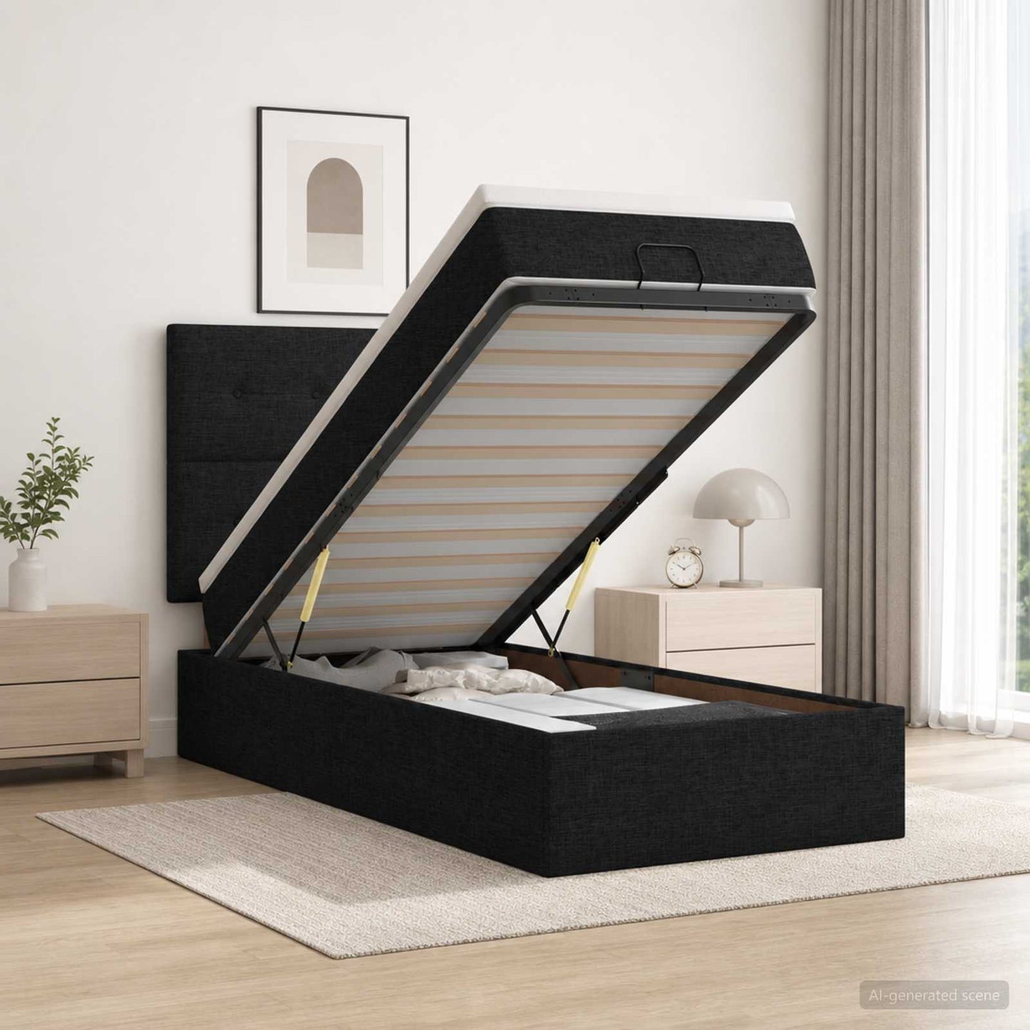 Letto Ottomano con Materasso e LED Nero 90 x 190 cm Tessuto