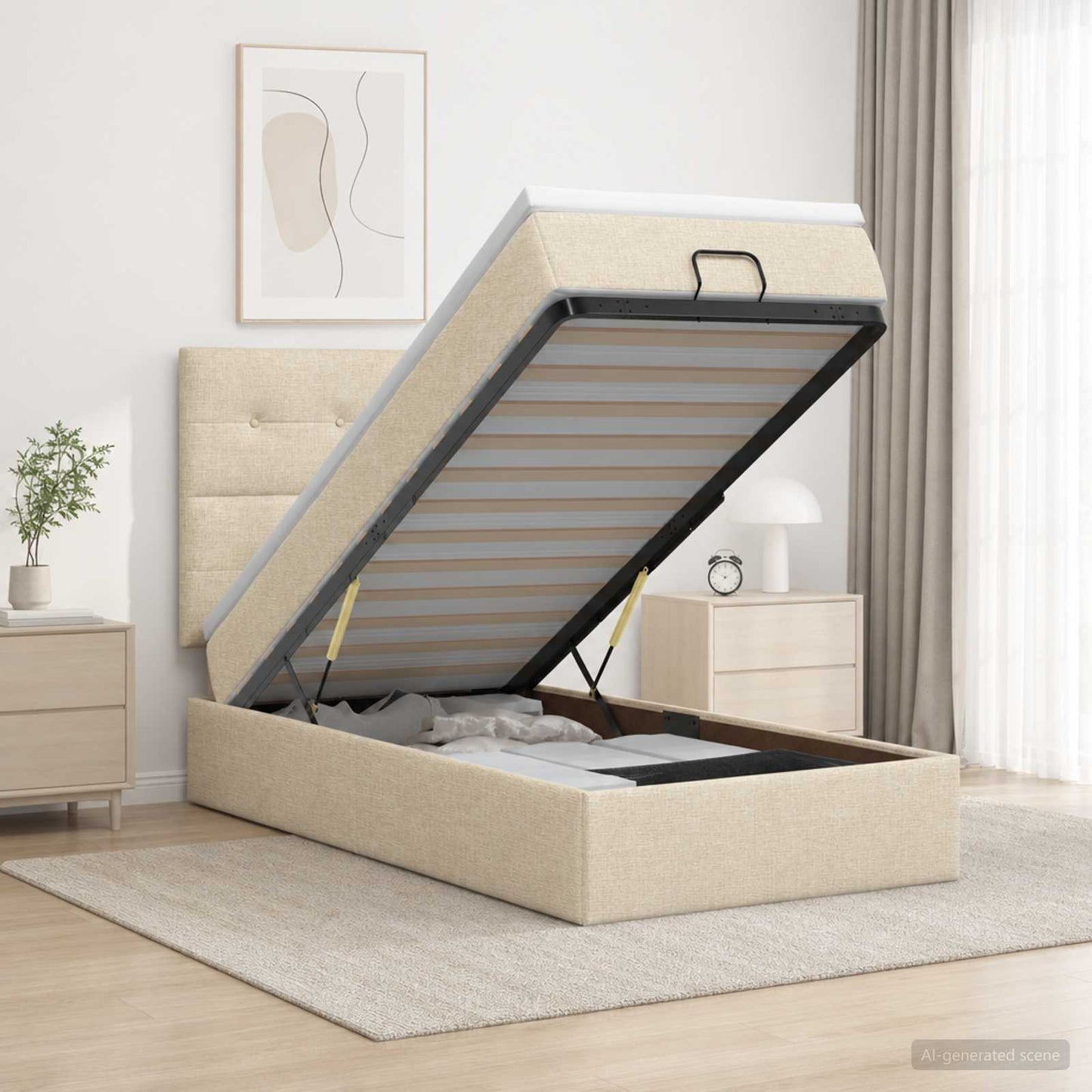 Letto Ottomano con Materasso e LED Crema 90 x 190 cm Tessuto