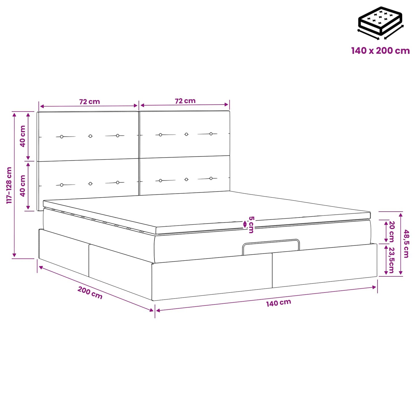 Letto ottomano con materasso Tortora 140 x 200 cm Tessuto | homemem39