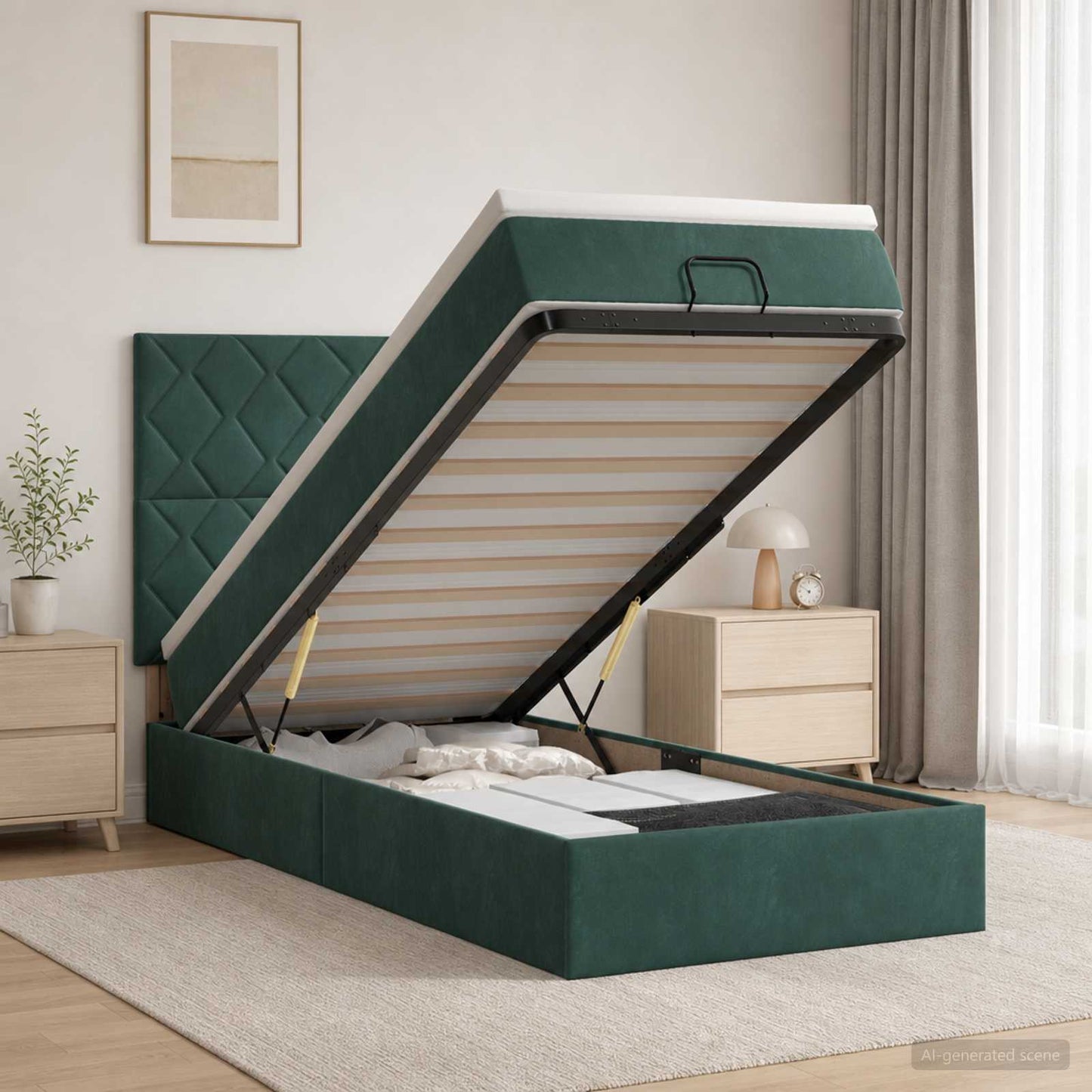 Letto Ottomano con Materasso e LED Verde Scuro 90 x 190 cm