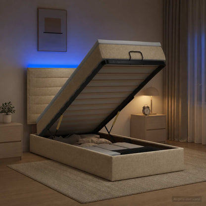 Letto Ottomano con Materasso e LED Crema 90 x 190 cm Tessuto