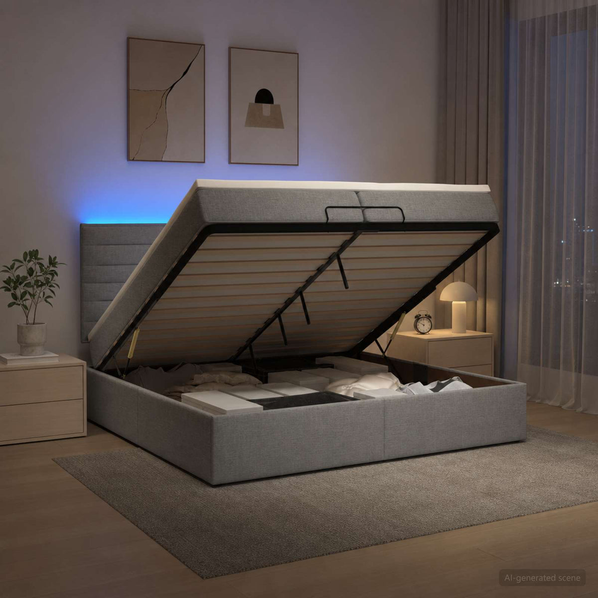 Letto Ottomano con Materasso e LED Grigio Chiaro 200 x 200 cm