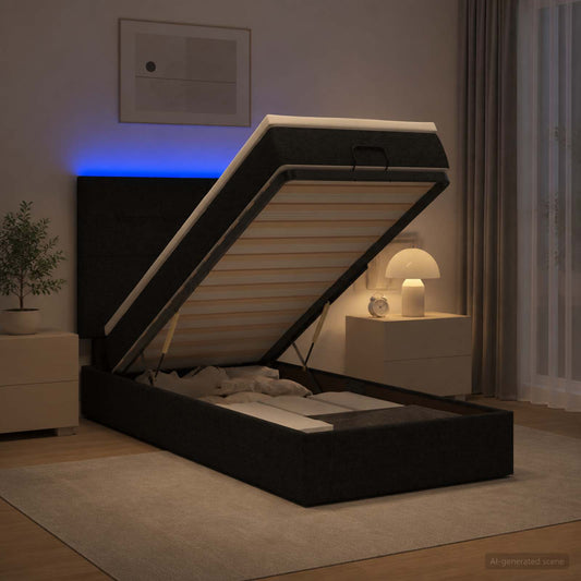 Letto Ottomano con Materasso e LED Nero 90 x 200 cm Tessuto - homemem39