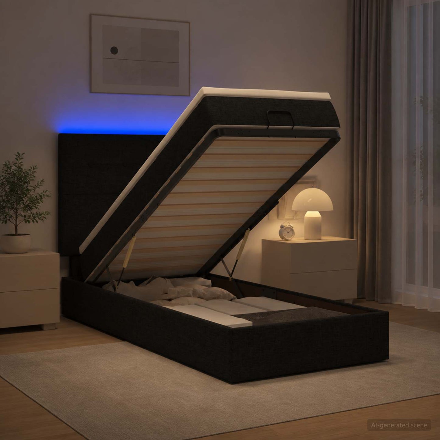 Letto Ottomano con Materasso e LED Nero 90 x 190 cm Tessuto
