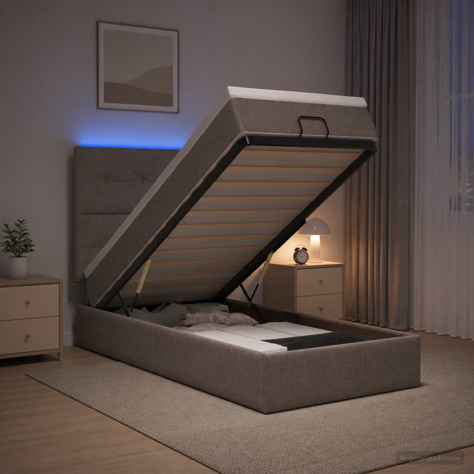 Letto Ottomano con Materasso e LED Tortora 100 x 200 cm Tessuto | homemem39