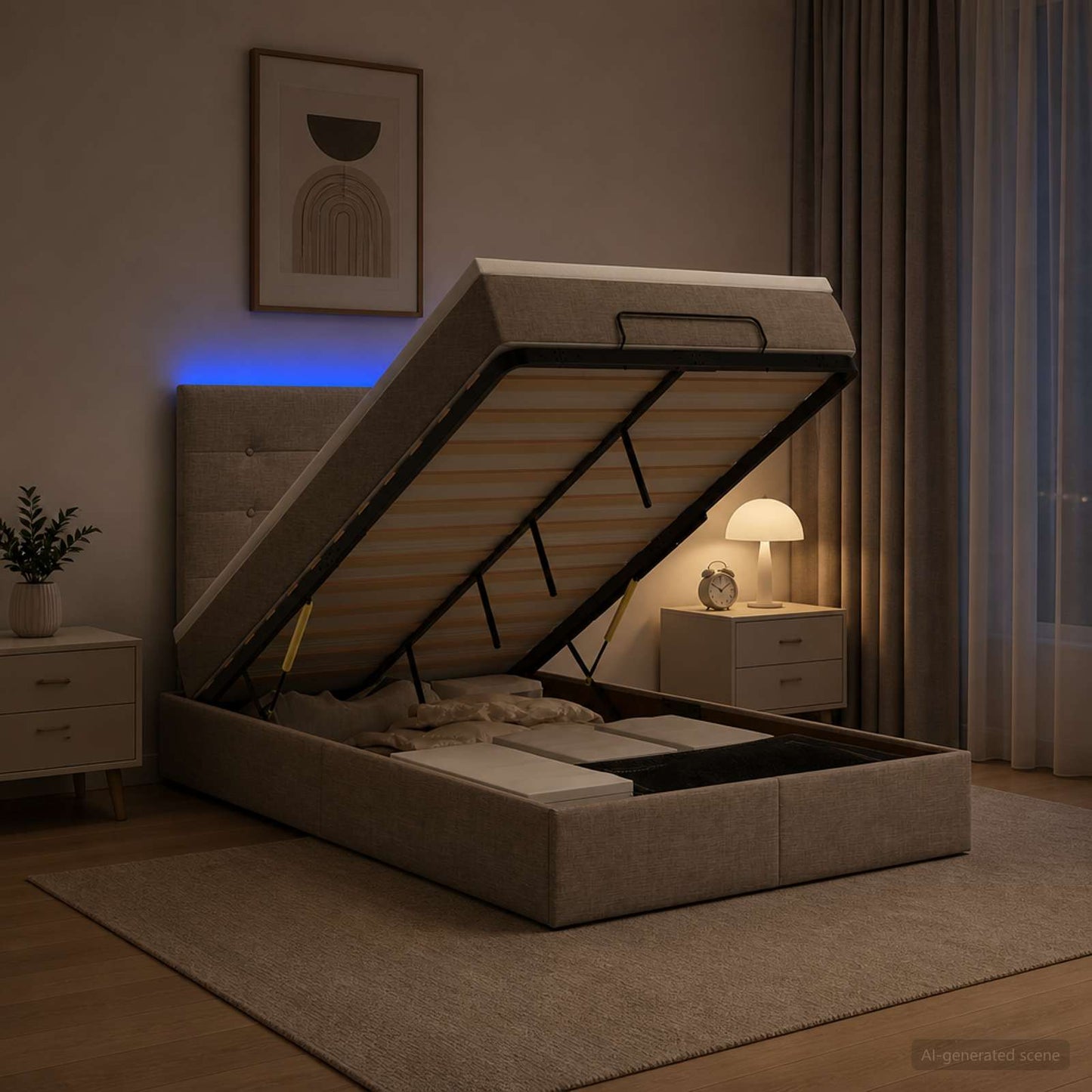 Letto Ottomano con Materasso e LED Tortora 120 x 190 cm Tessuto | homemem39