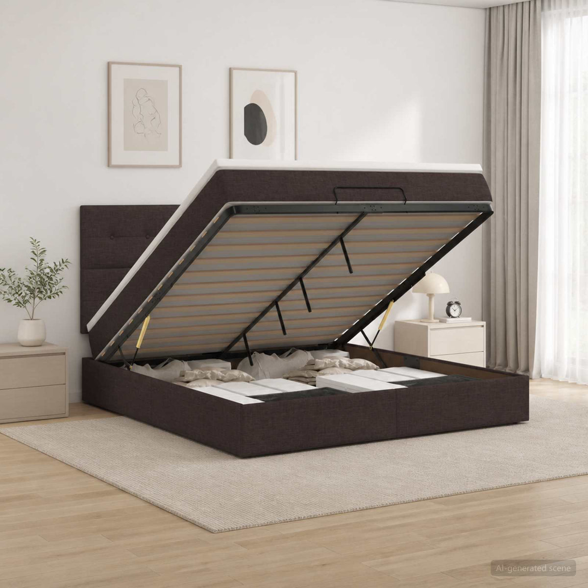 Letto ottomano con materasso Marrone Scuro 140 x 200 cm Tessuto | homemem39