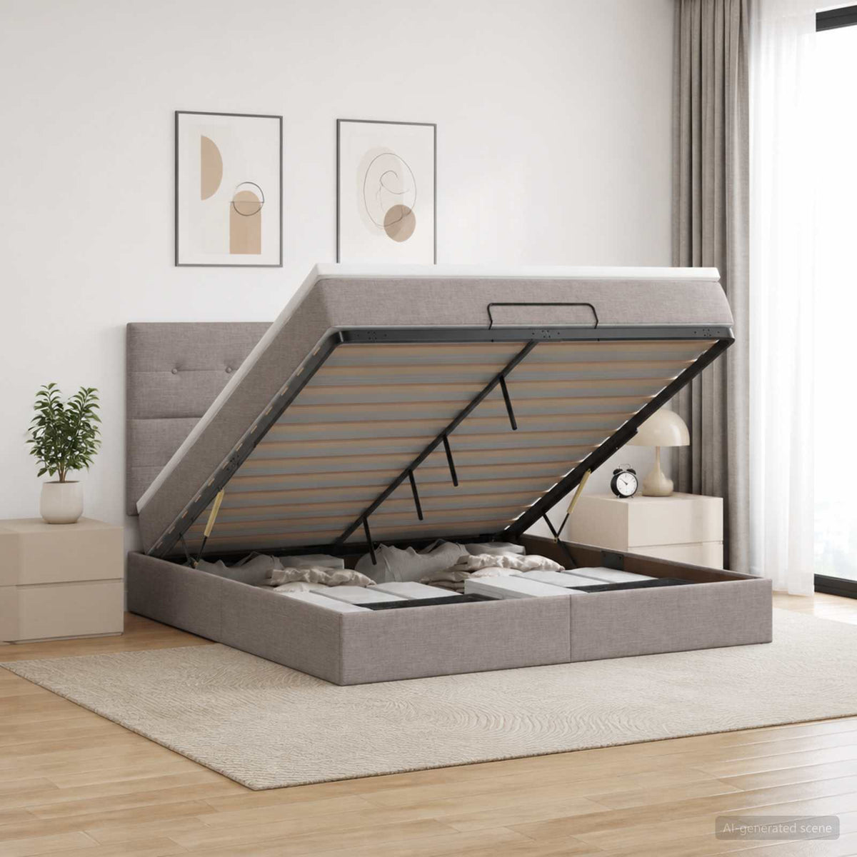 Letto Ottomano con Materasso e LED Tortora 140 x 190 cm Tessuto | homemem39