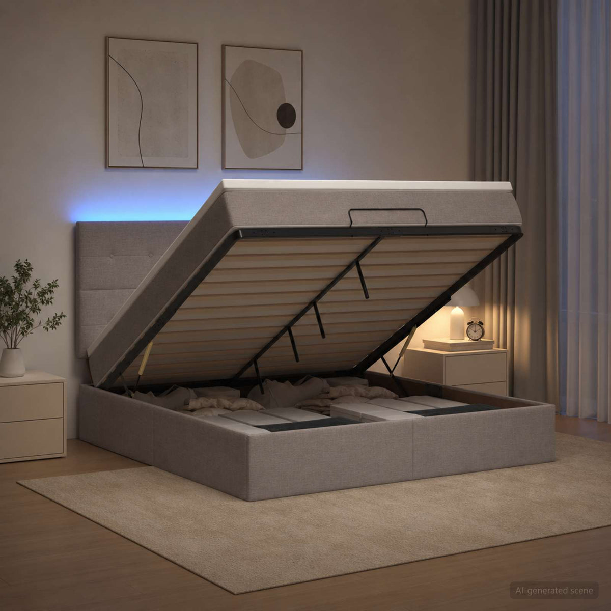 Letto Ottomano con Materasso e LED Tortora 140 x 190 cm Tessuto | homemem39