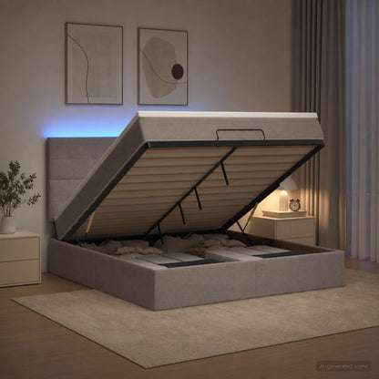 Letto Ottomano con Materasso e LED Tortora 140 x 190 cm Tessuto | homemem39