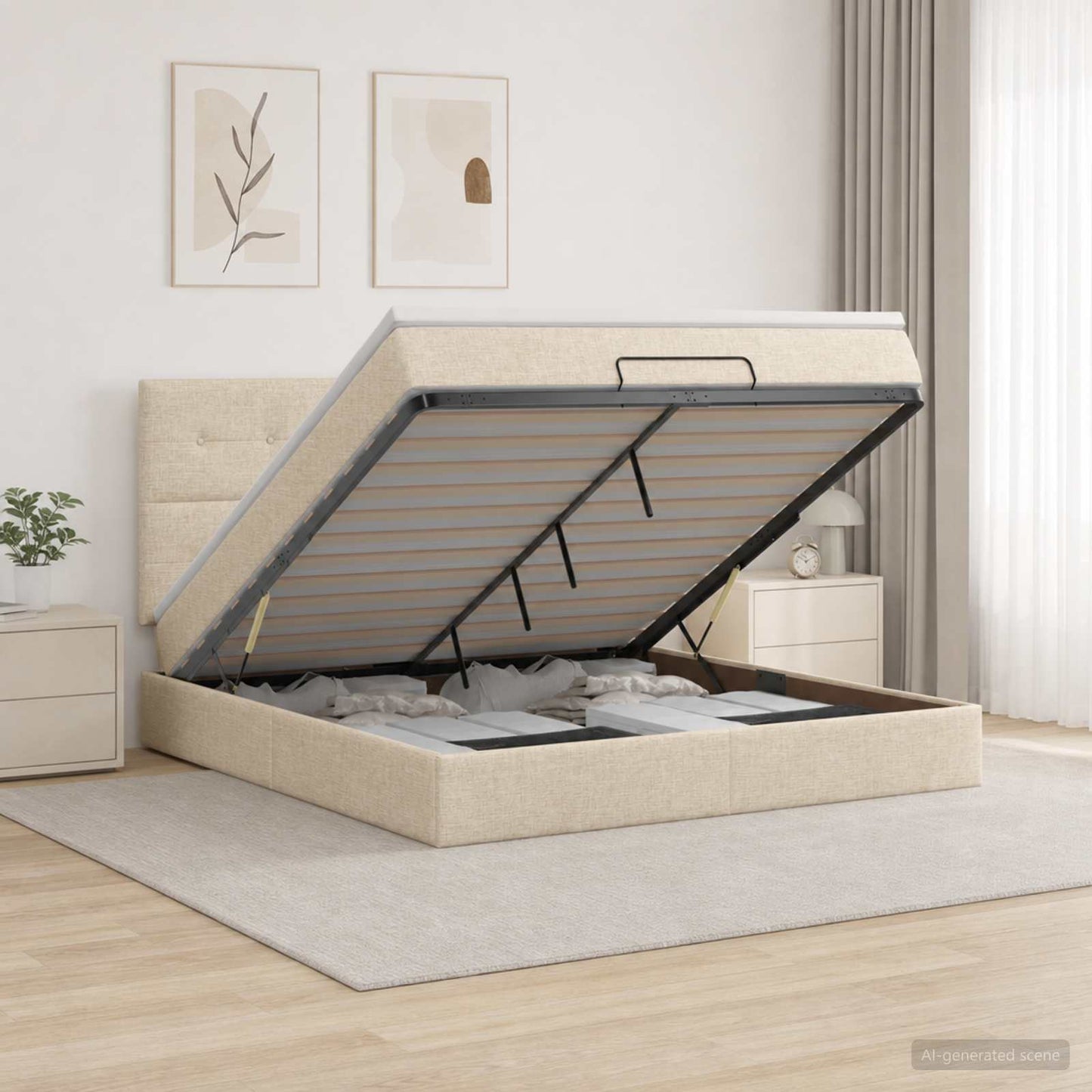 Letto Ottomano con Materasso e LED Crema 180 x 200 cm Tessuto
