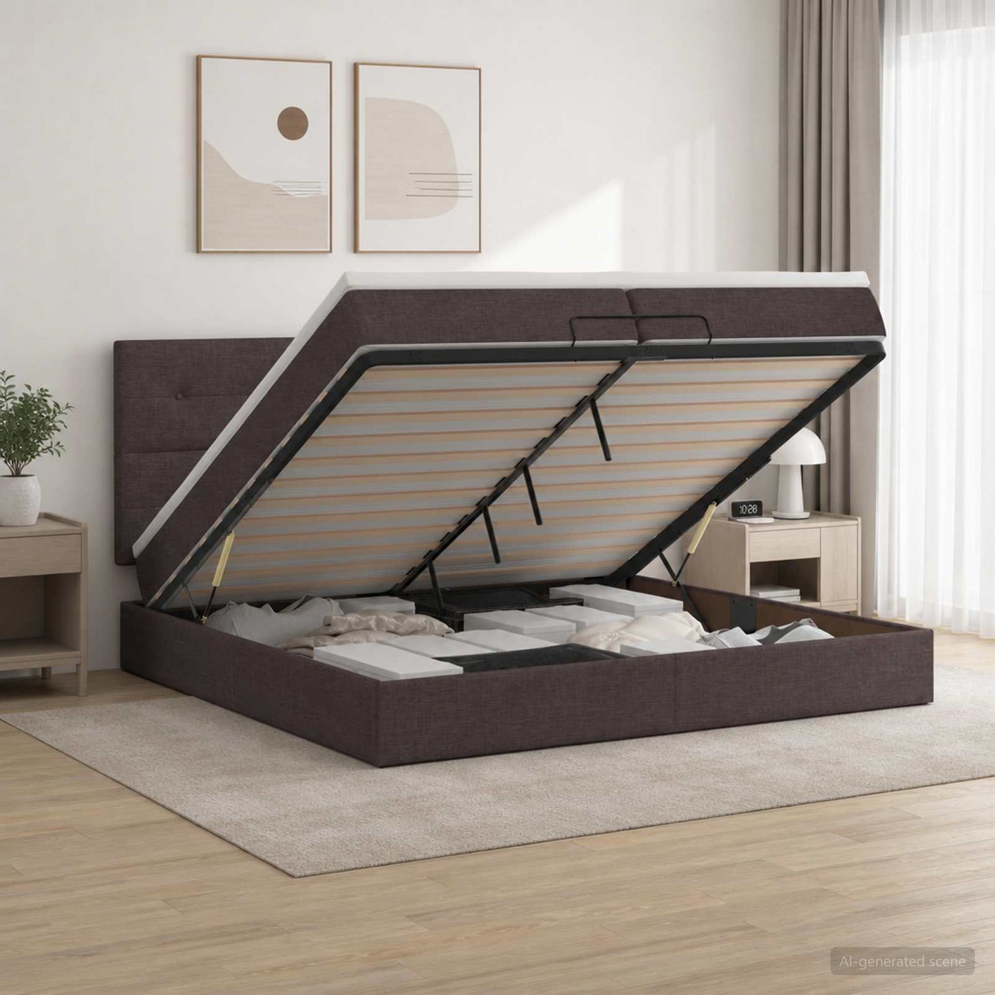 Letto ottomano con materasso Marrone Scuro 200 x 200 cm Tessuto | homemem39