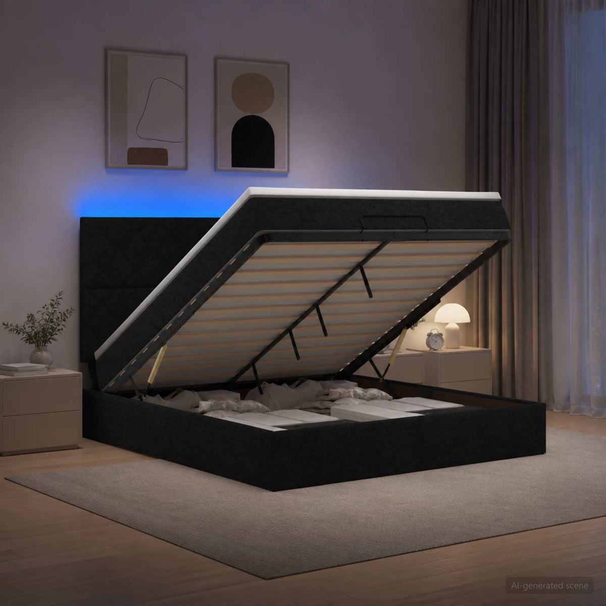 Letto Ottomano con Materasso e LED Nero 180 x 200 cm Tessuto | homemem39