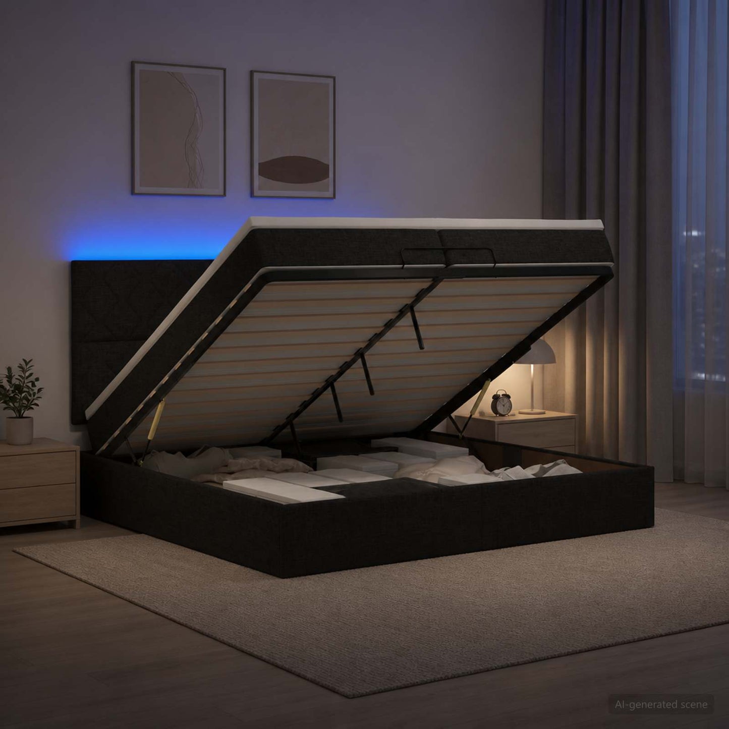 Letto Ottomano con Materasso e LED Nero 200 x 200 cm Tessuto
