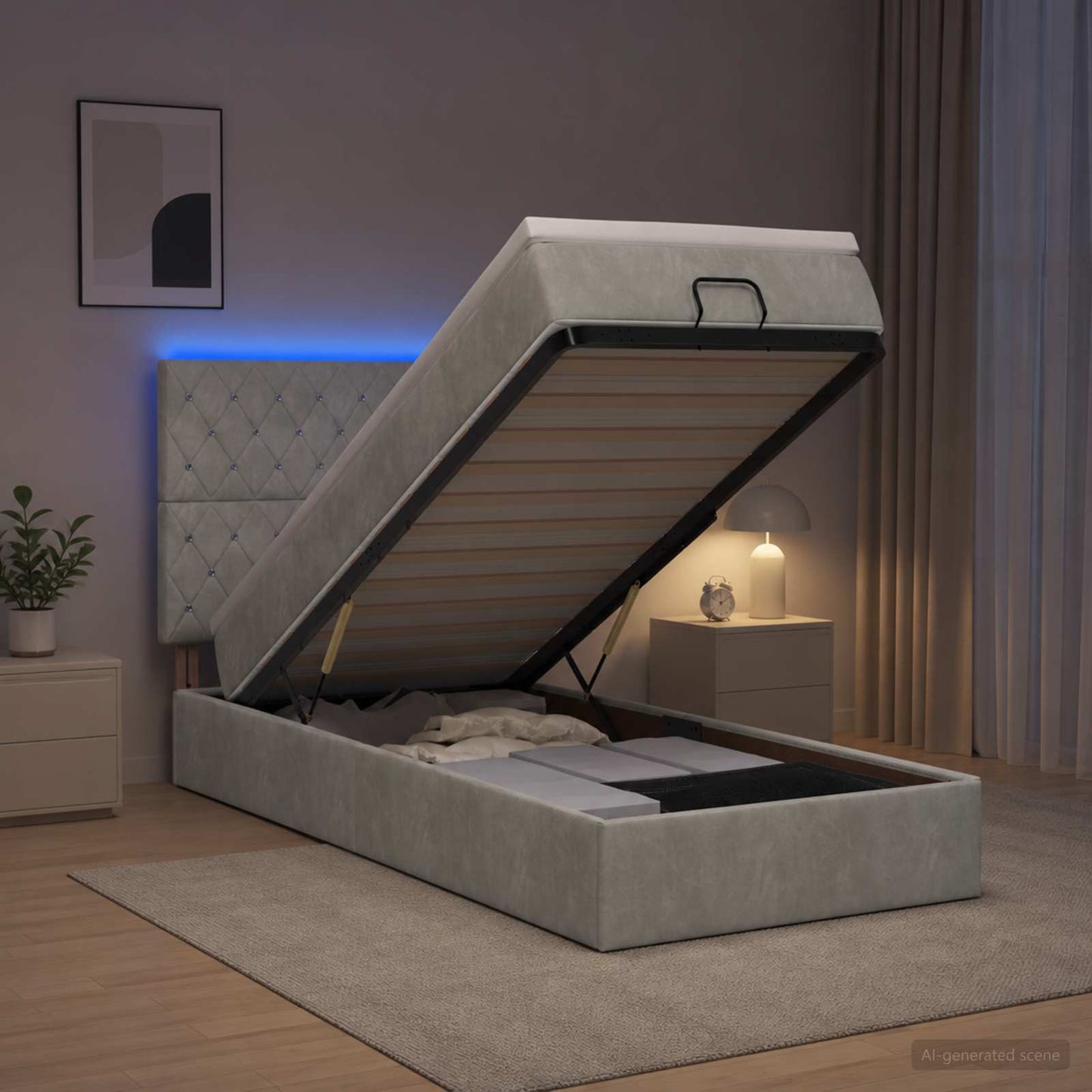 Letto Ottomano con Materasso e LED Grigio Chiaro 100 x 200 cm