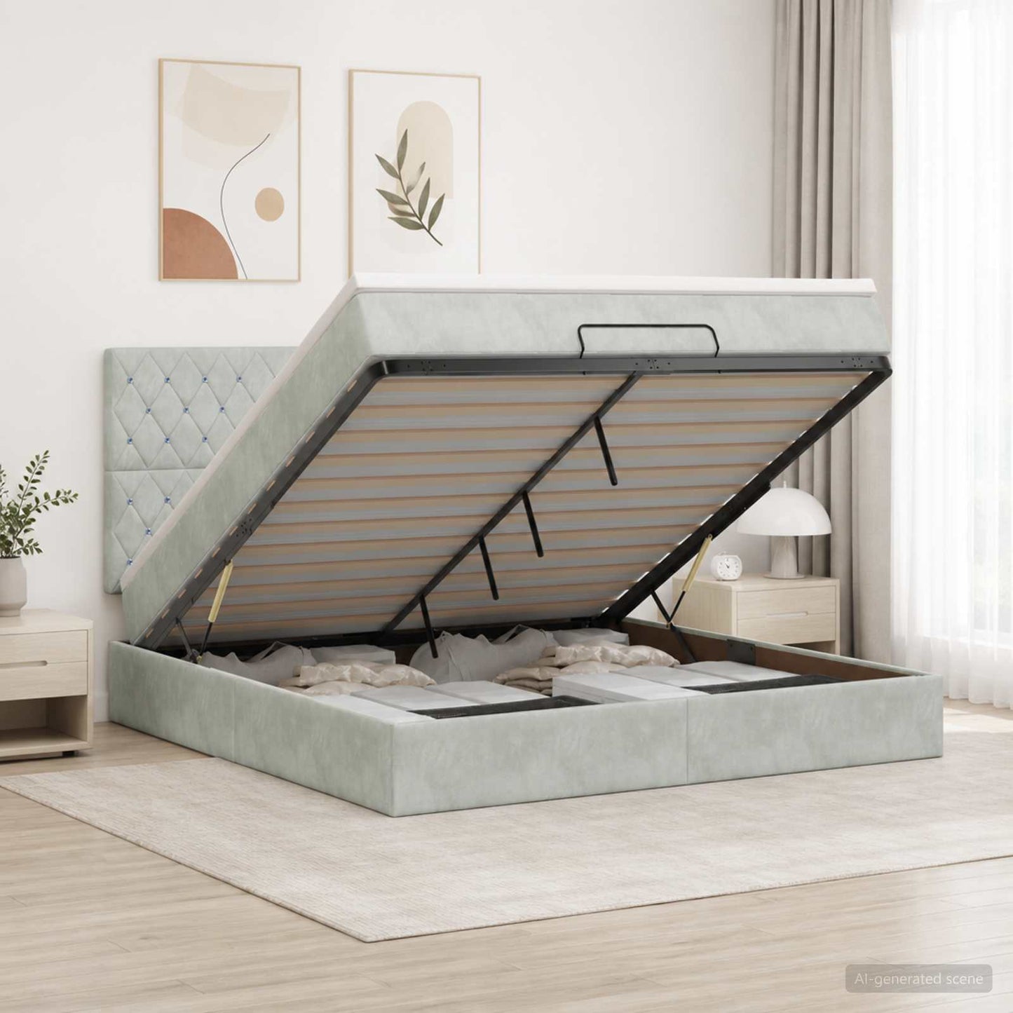 Letto ottomano con materasso Grigio Chiaro 140 x 190 cm Velluto