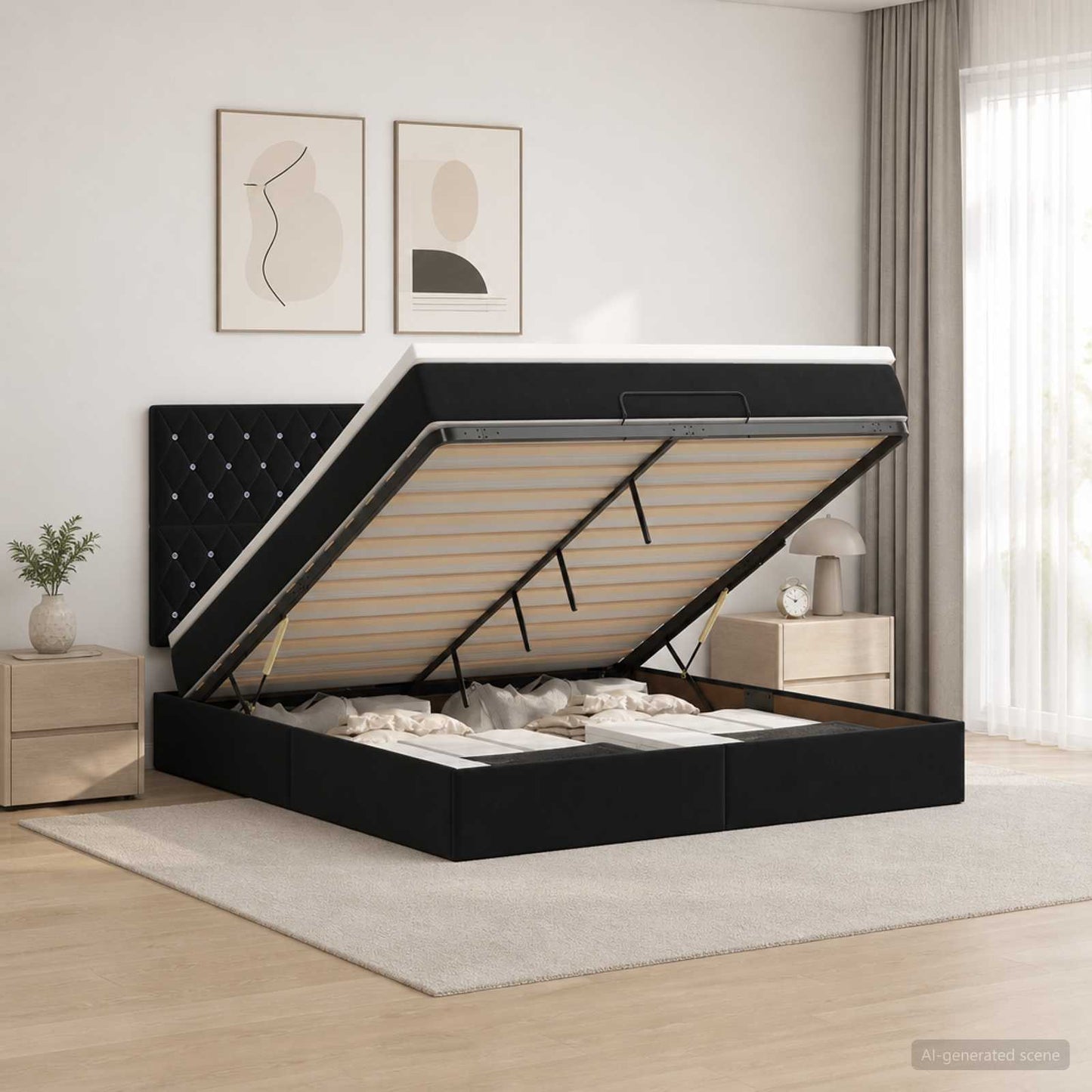 Letto ottomano con materasso Nero 140 x 190 cm Velluto | homemem39