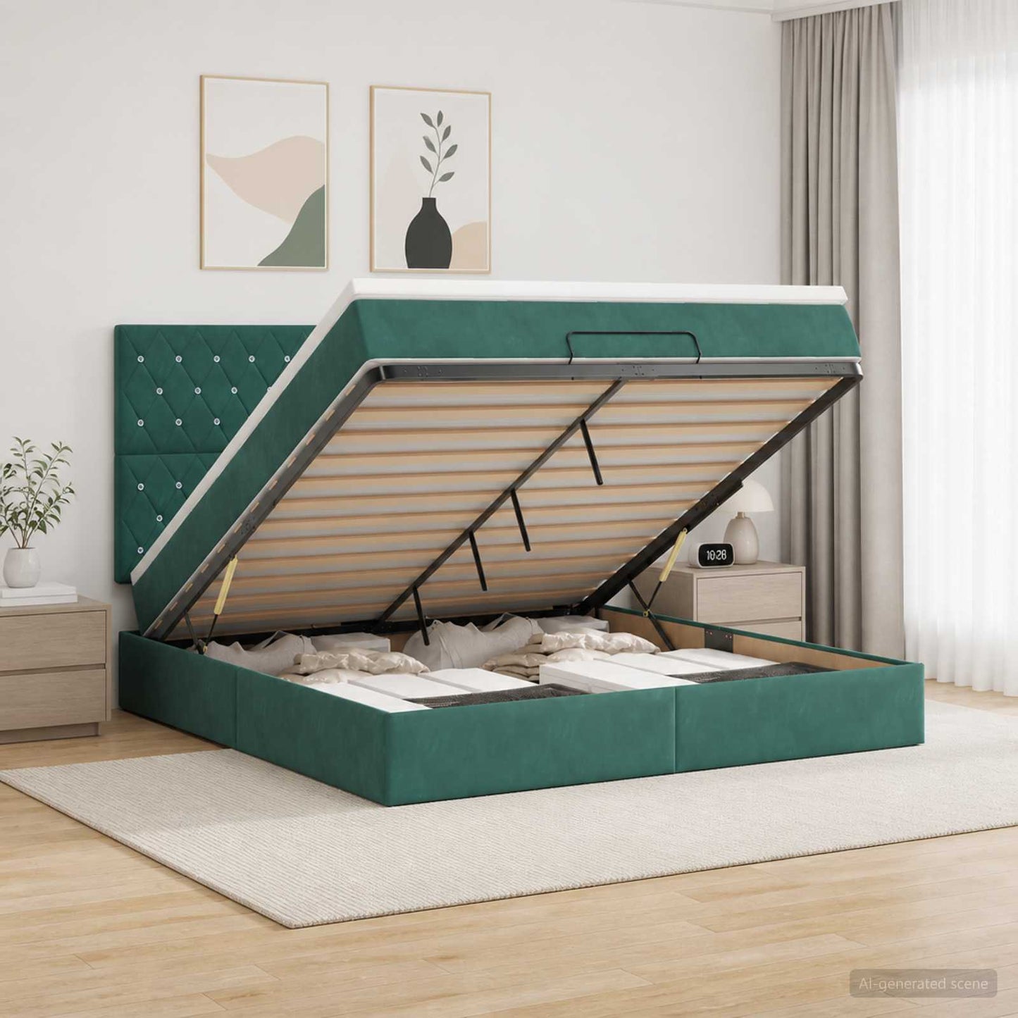 Letto Ottomano con Materasso e LED Verde Scuro 140 x 190 cm