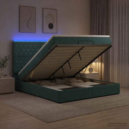 Letto Ottomano con Materasso e LED Verde Scuro 140 x 200 cm